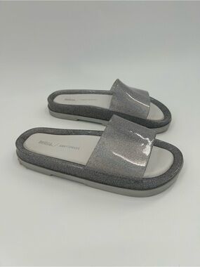 Melissa x AwayToMars Beach Slide Sandals Silver Glitter Womens 9